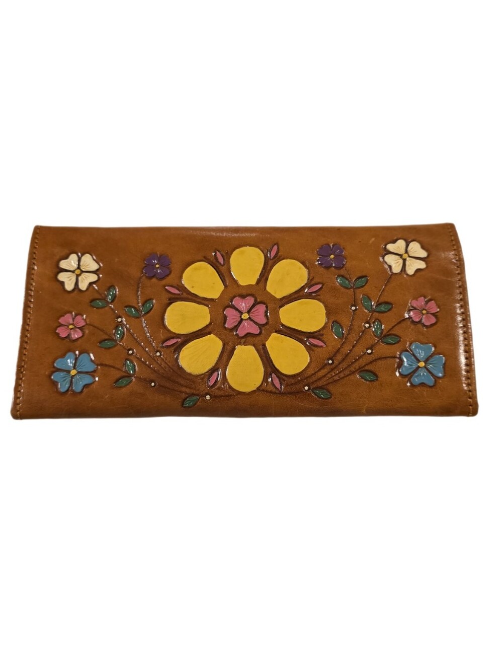 Vintage Brown Leather Wallet with Multicolor Floral Appliqué - Picture 3 of 14